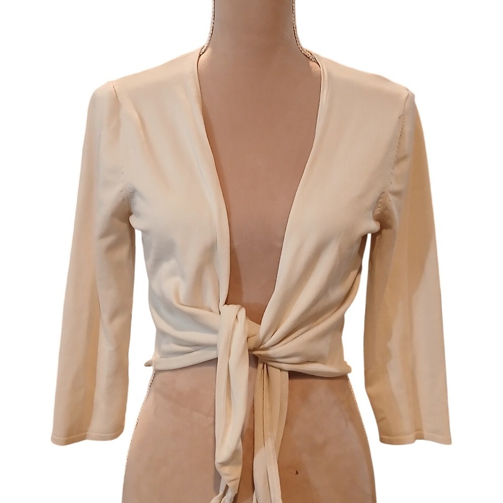 August Silk Knits Medium Cream Tie Front Cropped Cardigan Sweater Womens Ivory